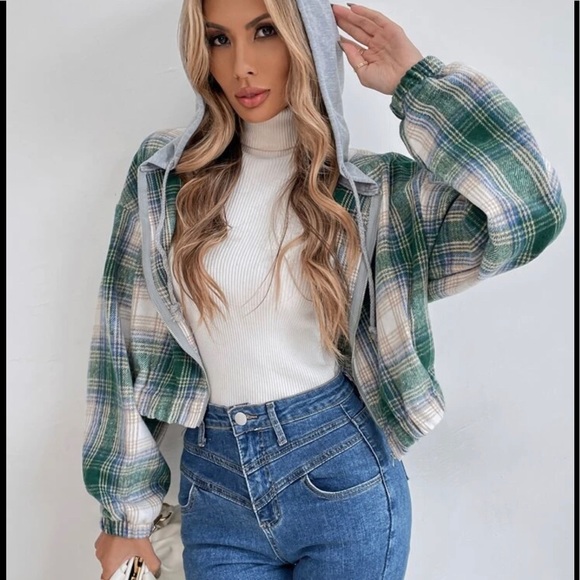 Shein Tartan Print Drop Shoulder Drawstring Hooded Crop Overcoat Size XL - Picture 4 of 9